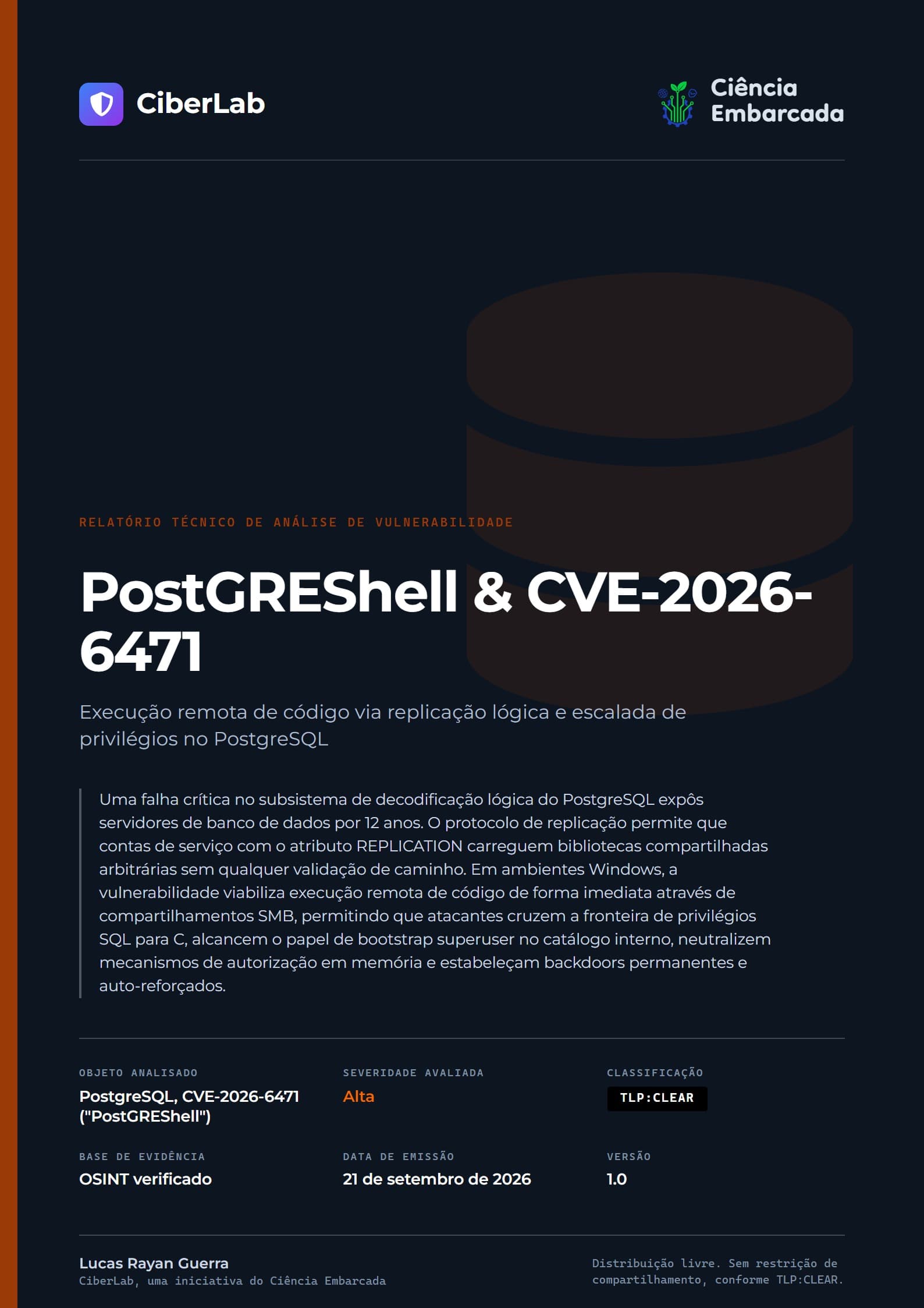 Capa do relatório PostGREShell & CVE-2026-6471